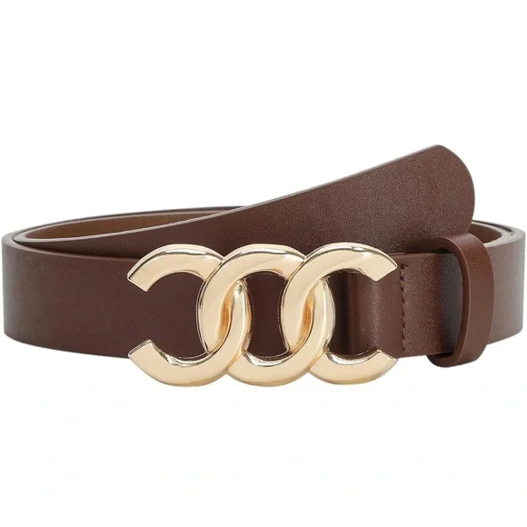 Stylish Brown Faux Leather Belt with Gold Buckle - Picture 1 of 2